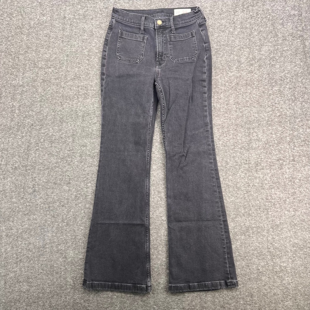GAP 70s Flare High Rise Jeans Womens 25 0 Petite Washed Black Patch Pocket Denim